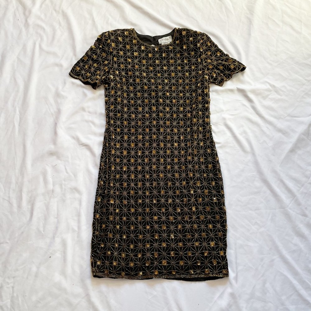 100% Silk Papéll 80s Black Midi Dress with Gold Beading